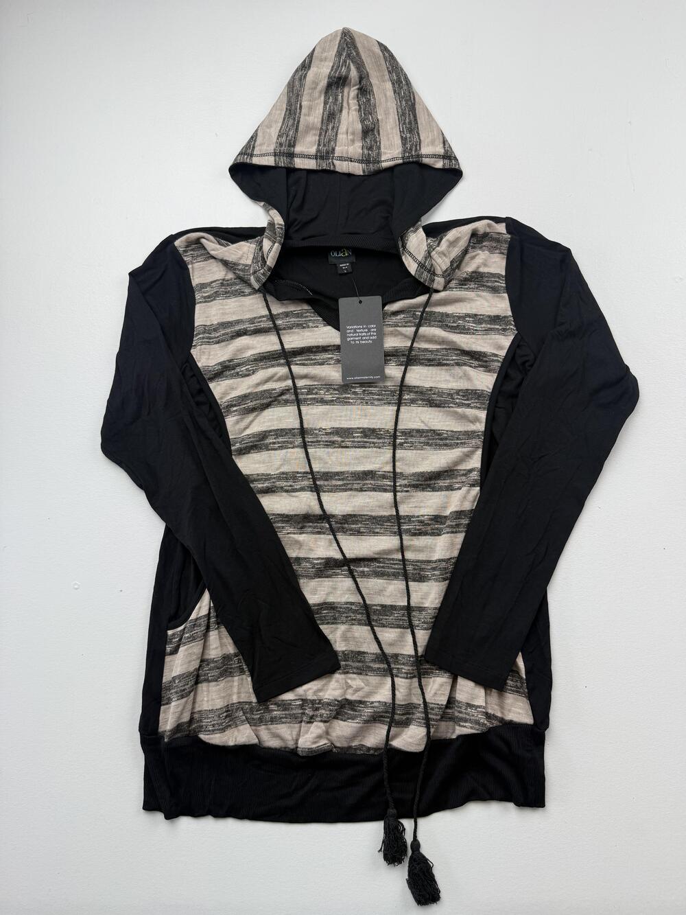 Olian Maternity Shirt Womens L Black Stripe V Neck Long Sleeve Hooded Tunic Top